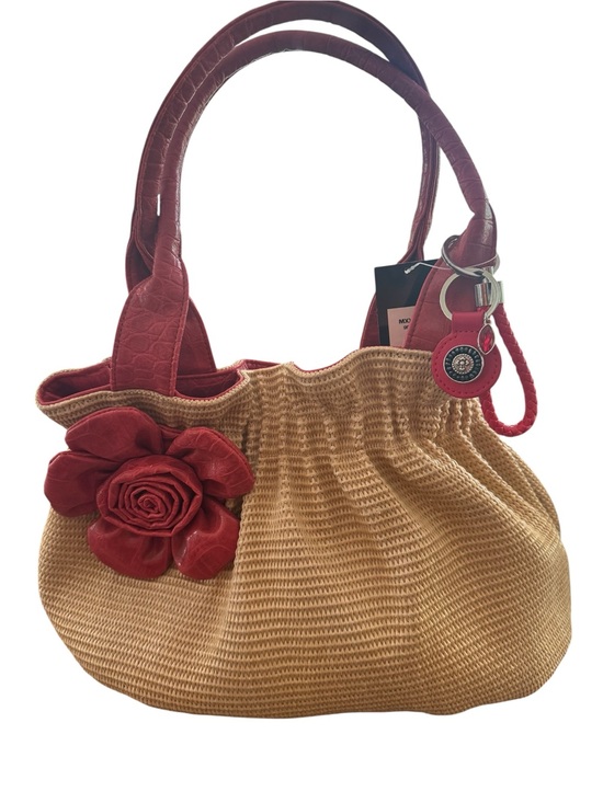 Bueno Handbags - Vintage Bueno Y2K Woven Straw Gathered Hobo Bag Red Orange Faux Leather Rosette